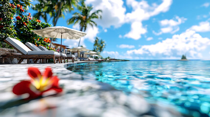 serene luxury resort poolside view featuring sun loungers, umbrellas, and tropical flowers. clear blue water reflects vibrant sky, creating tranquil atmosphere