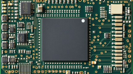 Detailed close up of a circuit board featuring microchip components with ample space for text or graphics showcasing technology and innovation