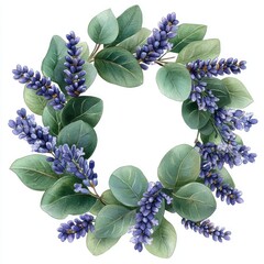 A vibrant floral wreath featuring purple blossoms and green leaves, perfect for decorative use