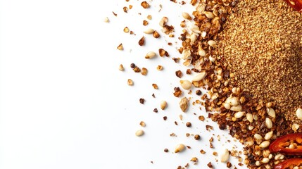 Chili powder and seeds scattered on a white background with fresh chili slices and empty space for culinary or seasoning text usage