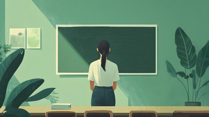Teacher presenting lesson, female educator in classroom with chalkboard and plants, engaging students in learning environment.