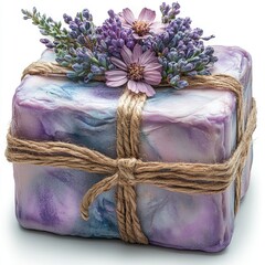 A beautifully wrapped gift box adorned with lavender flowers and twine, set against a clean background