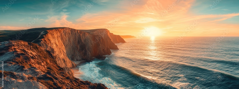 Poster dramatic sunset over ocean waves crashing against rugged cliffs creating a serene landscape with amp