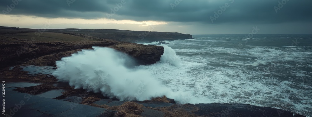 Poster dramatic ocean waves crashing against cliffs with moody skies and empty space for text in coastal la