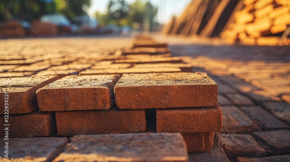 Poster close up of brick pavers arranged on a road with a blurred background and ample space for text or br