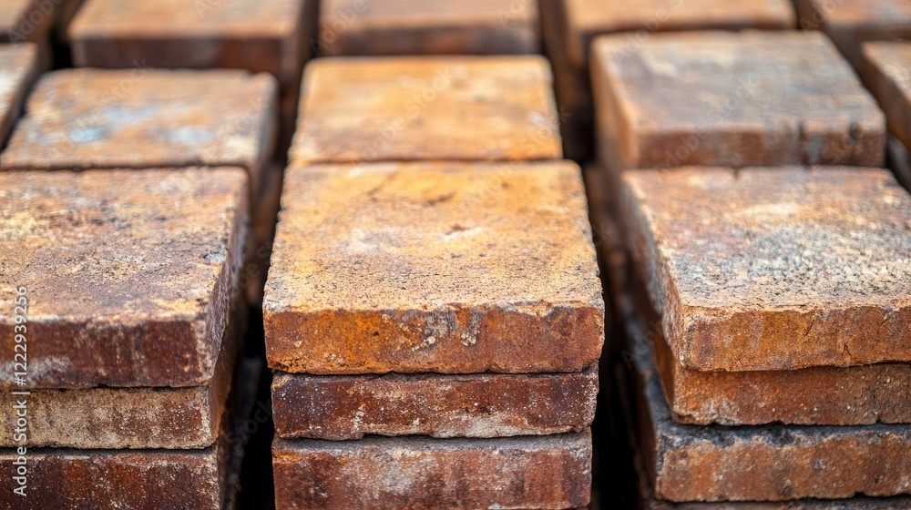 Poster close up of vintage paving bricks stacked neatly with textured surface and ample space for text over