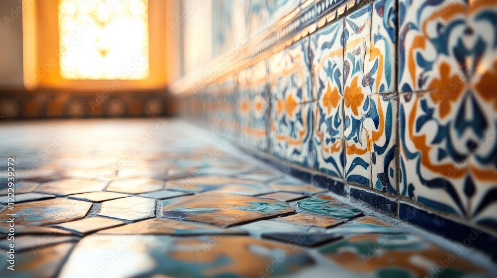 Poster blurred ottoman style decorative tiles background with vibrant colors and empty space for text or gr