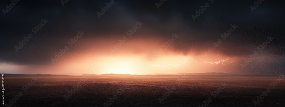 Aufkleber dramatic lightning striking through stormy clouds with a luminous horizon and ample space for text a