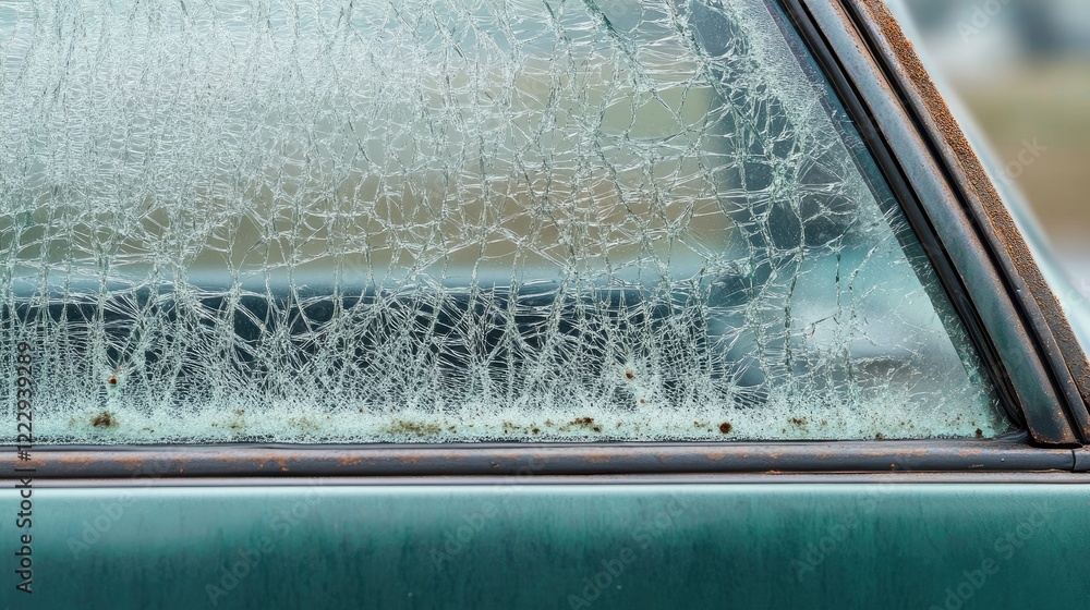 Poster close up of damaged car window glass with intricate cracks and blurred background suitable for text 