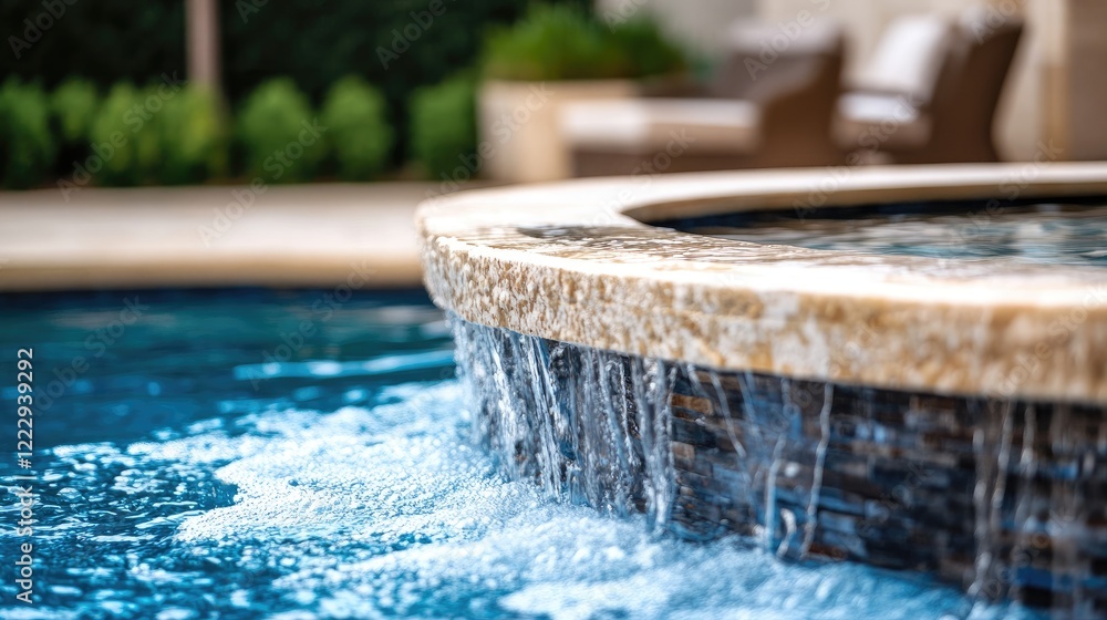 Poster close up of sparkling blue water flowing over fountain edge with soft background and space for text 