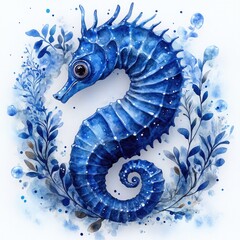 Vibrant blue seahorse illustration surrounded by delicate foliage, showcasing marine beauty and artistry
