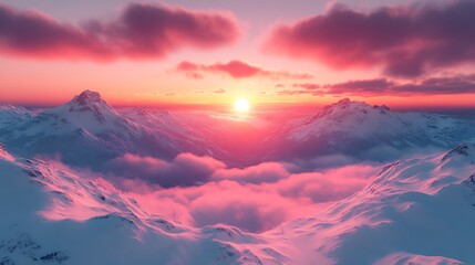 Pink Sunset over Snowy Mountains