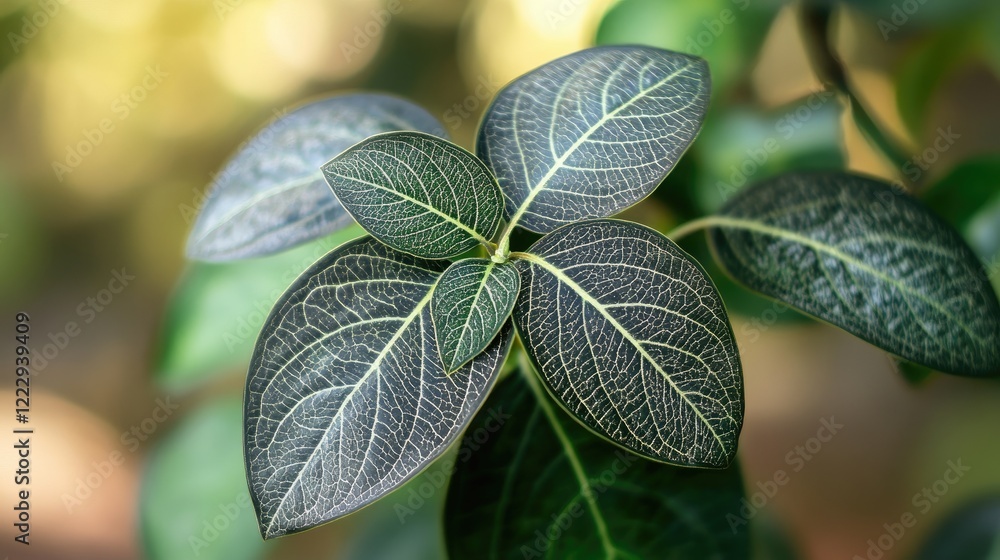 Aufkleber close up of intricate black and green leaves showcasing natural texture and patterns with blurred ju
