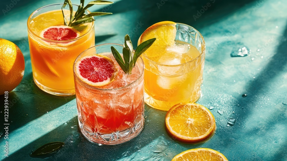 Poster assorted refreshing fruit juices with citrus ingredients on a textured surface showcasing vibrant co