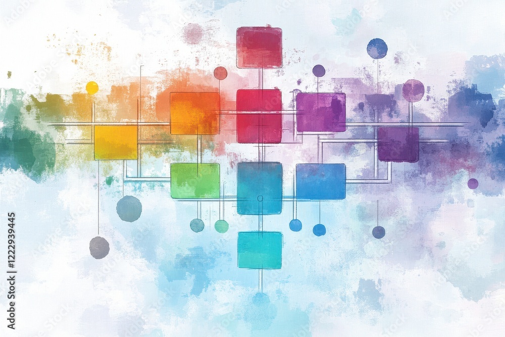 Poster a colorful abstract design featuring interconnected blocks and circles, symbolizing data flow and cr