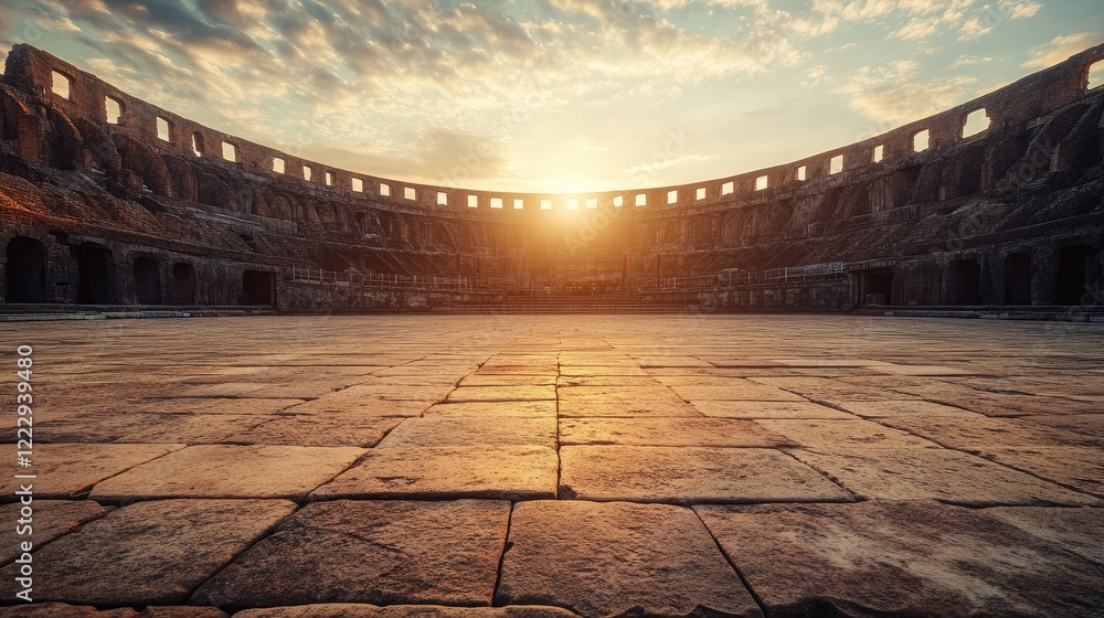 Poster dramatic sunset view inside ancient gladiator amphitheater highlighting the arena floor with expansi