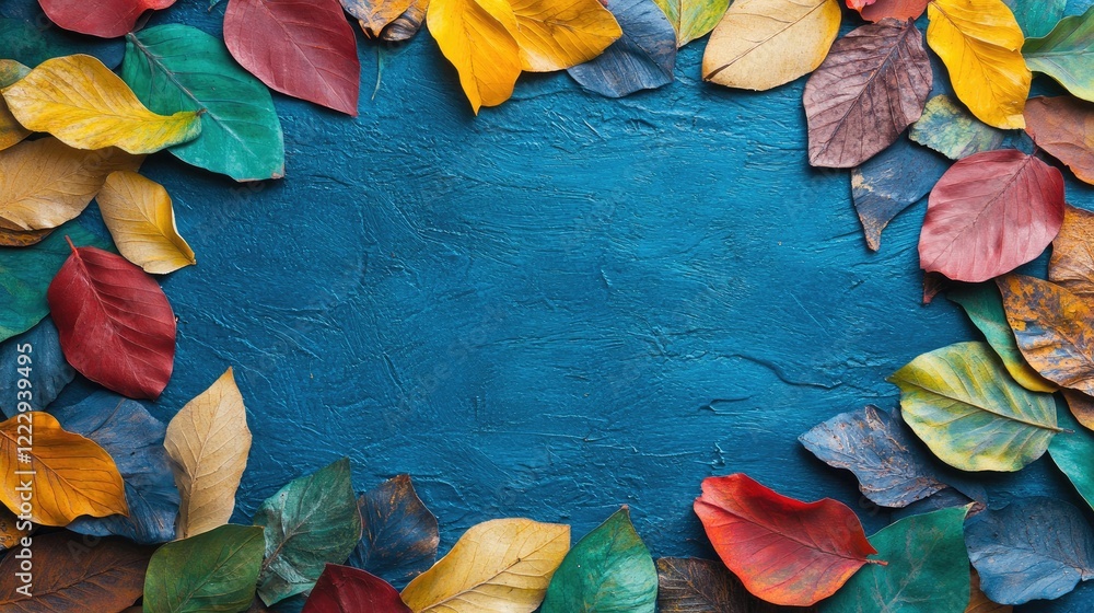 Poster colorful autumn leaves in various shapes arranged around a blue textured background creating an invi