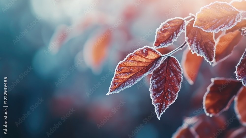 Poster frosty autumn leaves illuminated by soft sunlight with blurred background and space for text or desi