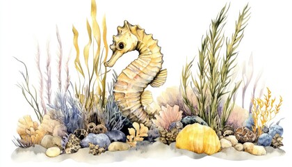 A detailed watercolor illustration of a seahorse surrounded by vibrant marine plants and coral