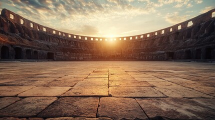 Dramatic sunset view inside ancient gladiator amphitheater highlighting the arena floor with expansive space for text or design elements