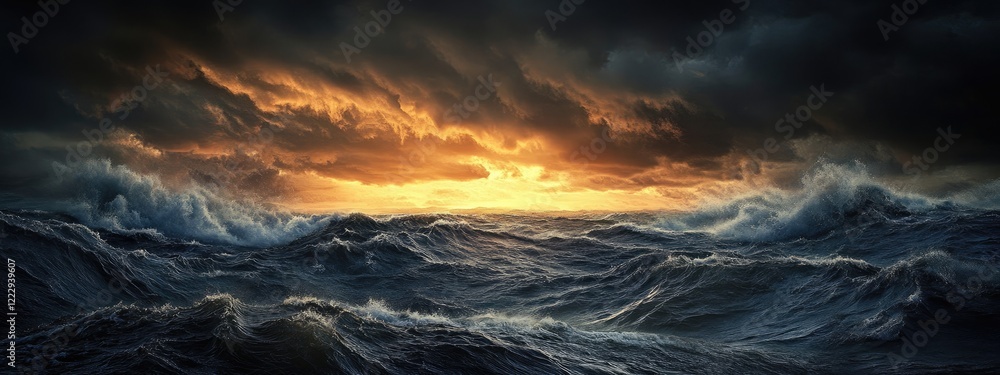 Poster dramatic sunset over turbulent ocean with dark clouds creating a serene yet intense atmosphere ideal