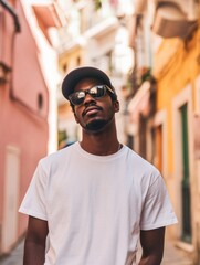 Fototapeta premium Man in Hat and Sunglasses in Alleyway