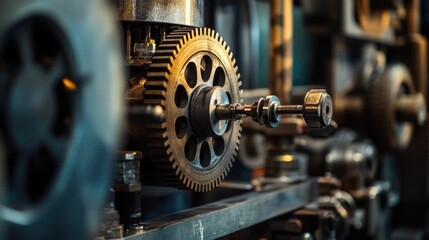 Fototapeta premium Industrial machinery close up showcasing detailed gears and mechanisms with space for text overlay or captions in advertising and marketing.