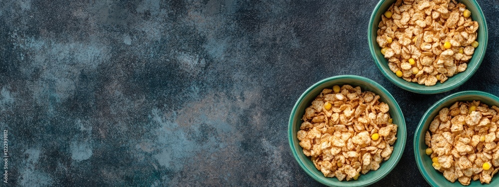 Poster dried cornflakes in green bowls atop a textured surface with ample empty space for text or branding 
