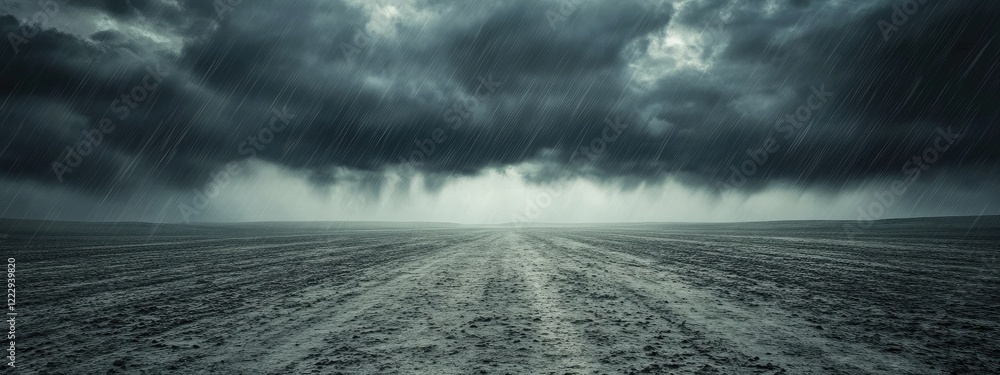 Poster dramatic rainstorm over desolate fields with dark clouds creating a moody atmospheric backdrop for t