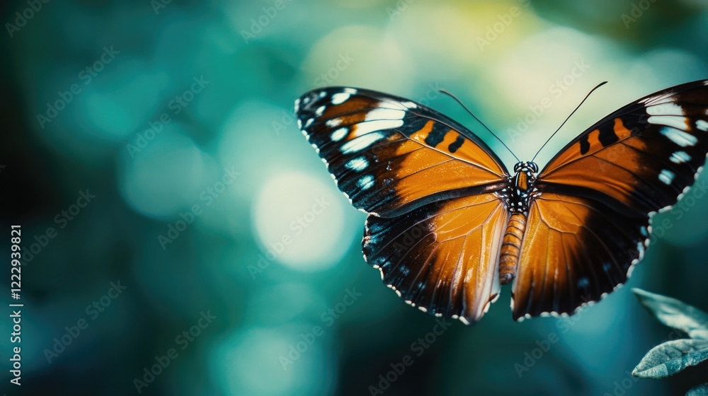 Poster close up of a butterfly highlighting intricate wing patterns with a blurred background and ample spa