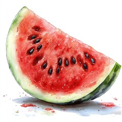 A vibrant, juicy watermelon slice resting on a white background, showcasing its rich colors and textures
