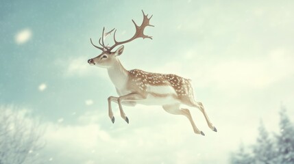 Elegant deer jumping in the sky surrounded by snow creating a magical atmosphere with ample space for text and design elements