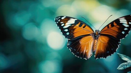 Close up of a butterfly highlighting intricate wing patterns with a blurred background and ample space for text or annotations