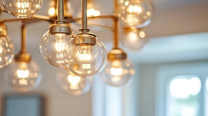 Elegant central light fixture with glass bulbs in modern bedroom showcasing bright illumination and empty space for text or design elements.