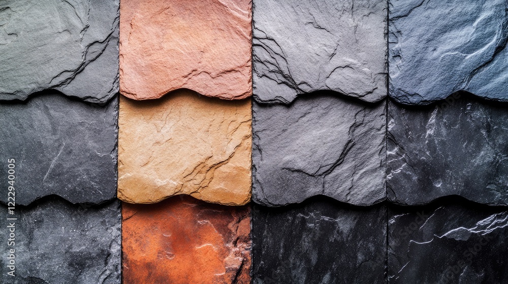 Aufkleber roofing material textures with slate patterns for installation techniques and copy space