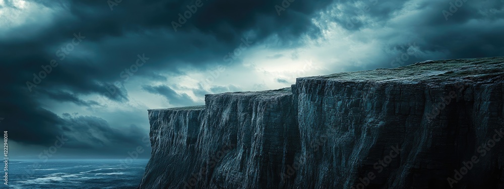 Poster dramatic coastal cliffs under a dark cloudy sky providing ample space for text or branding elements 