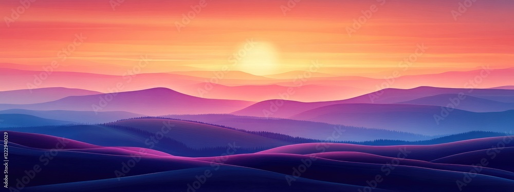 Poster vibrant rolling hills at sunrise with rich colors and ample empty space for text or branding in a se