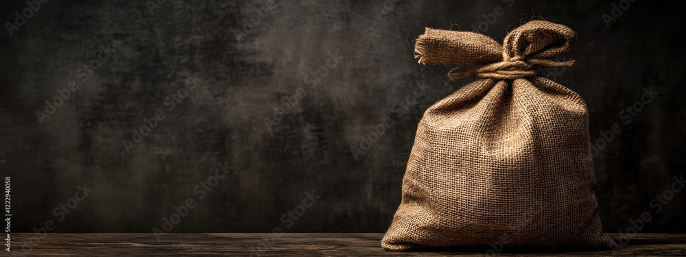 Aufkleber dreaming of wealth with empty space for text on a dark background featuring a burlap money bag