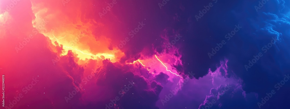 Poster dramatic lightning bolt striking a colorful sky with dynamic clouds and ample space for adding custo