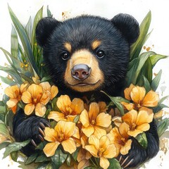 A charming bear surrounded by vibrant yellow flowers, showcasing nature's beauty in a lush setting