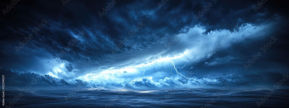 Poster dramatic stormy night sky featuring a tornado and lightning with expansive empty space for text or g