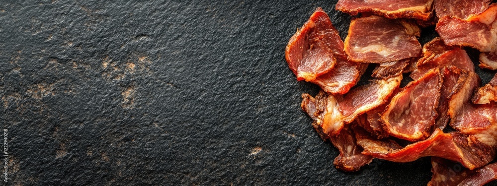 Poster dried and boiled cured pork meat slices on slate surface with empty space for text background