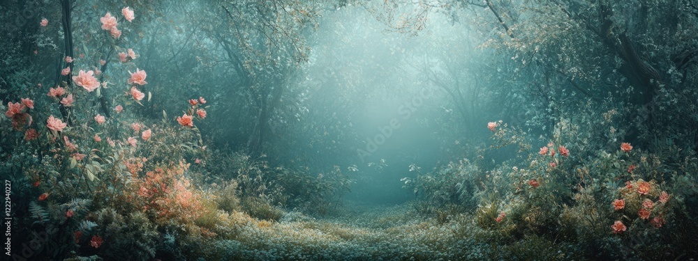 Aufkleber ethereal forest scene with floral touch and ample blank space for text or visual elements