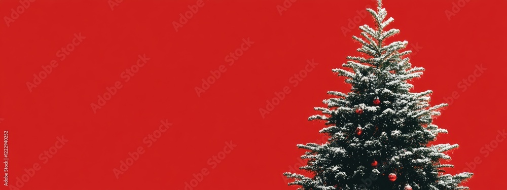Poster festive illustrated christmas tree on vibrant red background with ample space for customizable text 
