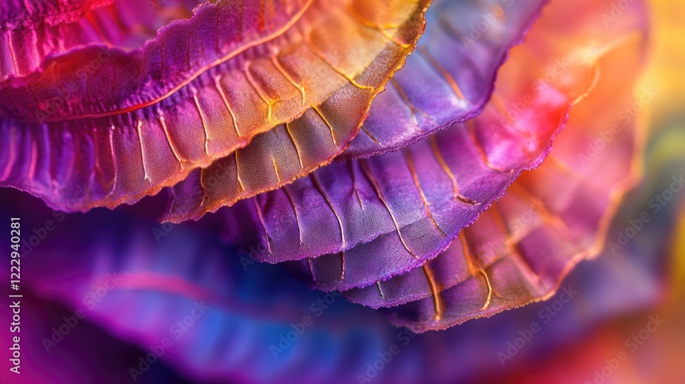 Poster colorful abstract macro of fern leaves displaying vibrant hues and intricate textures with ample bla