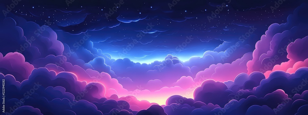 Poster vibrant dramatic thunderstorm above colorful fluffy clouds with serene empty space for text showcasi