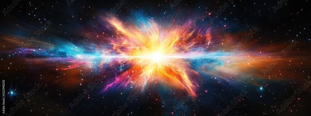 Poster vibrant galaxy nebula with colorful star explosion and ample copy space for text in a cosmic backgro