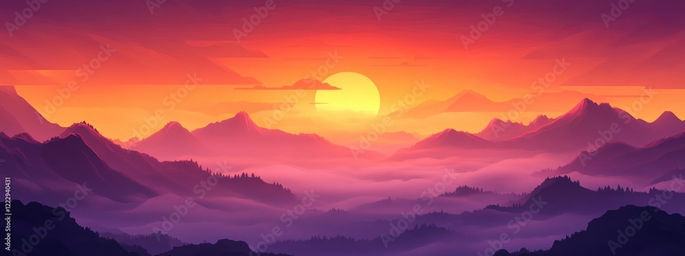Poster vibrant sunset over mountain range with fog creating a serene atmosphere and ample space for custom 
