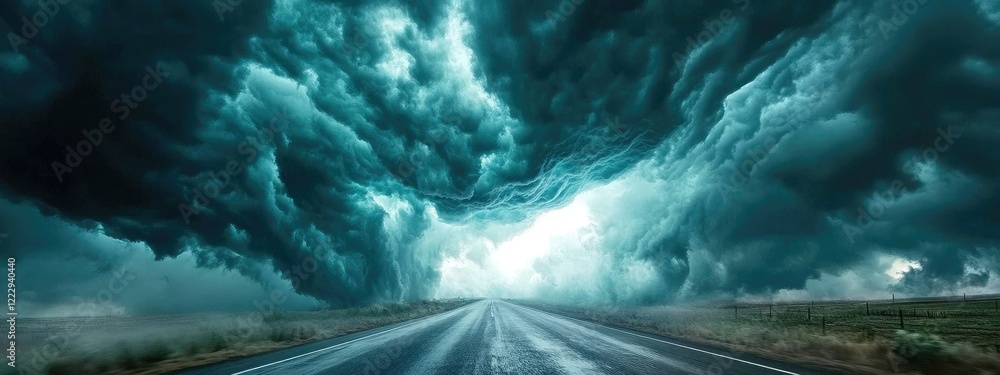 Poster dramatic storm clouds over an empty road with ample space for text and messaging against a moody atm