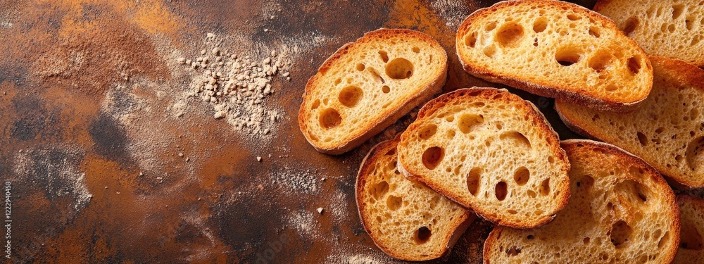 Aufkleber toasted loaf bread slices with dough holes on rustic surface and empty space for text above or besid